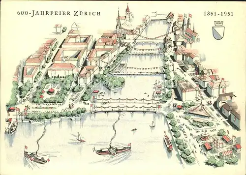 Zuerich 600 Jahr Feier Stadtbild Zeichnung / Zuerich /Bz. Zuerich City