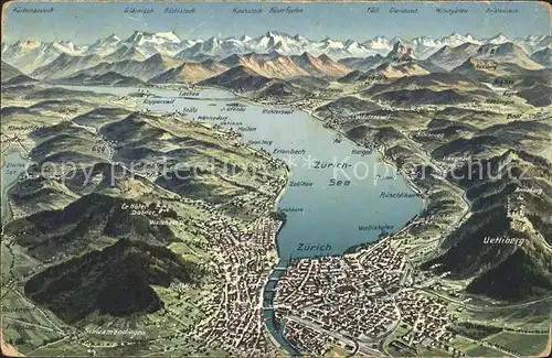 Zuerichsee Relief Panoramakarte / Zuerich /Bz. Zuerich City
