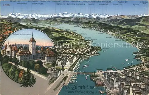 Zuerichsee Panoramakarte Schweizer Landesmuseum / Zuerich /Bz. Zuerich City
