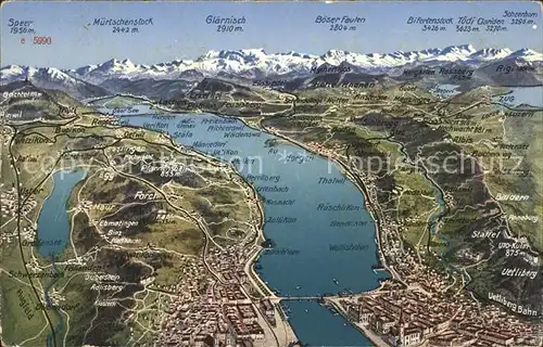 Zuerichsee und Umgebung Relief Panoramakarte / Zuerich /Bz. Zuerich City