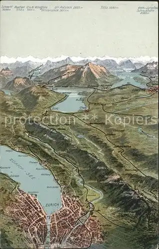 Zuerichsee mit Zugersee und Vierwaldstaettersee Relief Panoramakarte / Zuerich /Bz. Zuerich City