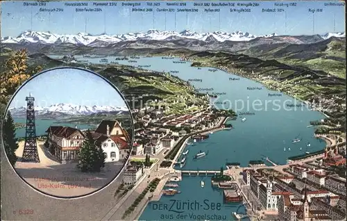 Zuerichsee Panoramakarte mit Bergrestaurant Uto Kulm / Zuerich /Bz. Zuerich City