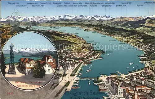 Zuerichsee Panoramakarte mit Uetliberg Restaurant Uto Kulm / Zuerich /Bz. Zuerich City