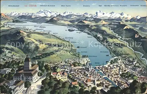 Zuerichsee mit Umgebung Relief Panoramakarte / Zuerich /Bz. Zuerich City