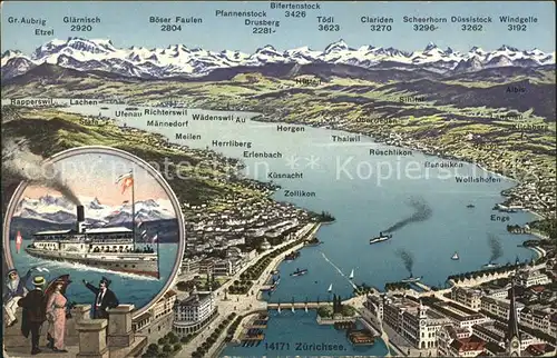 Zuerich Panoramakarte See Alpen / Zuerich /Bz. Zuerich City