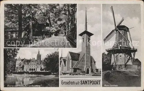 Santpoort Wustelann met Zwitsersche Boerderij Molen Santhaas Kerk Huize Duin en Kruidberg Windmuehle Kat. Niederlande