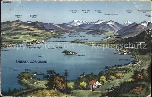 Zuerichsee und Umgebung Panoramakarte / Zuerich /Bz. Zuerich City