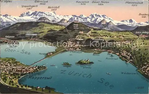 Zuerichsee mit Obersee Panoramakarte / Zuerich /Bz. Zuerich City