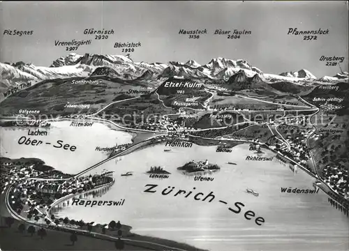 Zuerichsee ZH Panoramakarte Rapperswil Hausstock Glaernisch Pfannenstock  / Zuerich /Bz. Zuerich City
