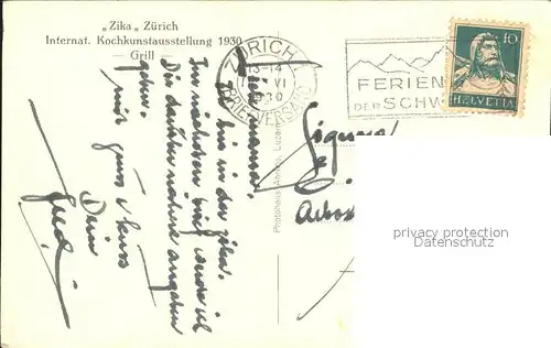 Zuerich Zika Internationale Kunstausstellung 1930 Grill / Zuerich /Bz. Zuerich City