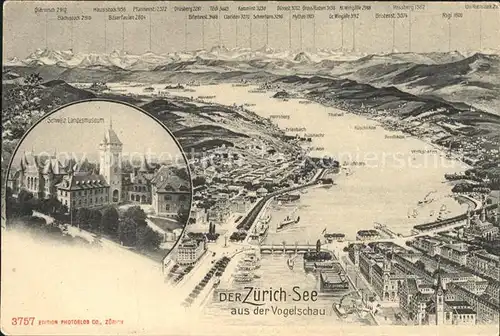 Zuerichsee Panoramakarte und Schweizer Landesmuseum / Zuerich /Bz. Zuerich City