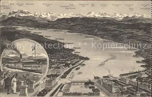 Zuerichsee Panoramakarte Dampfschiffahrt / Zuerich /Bz. Zuerich City