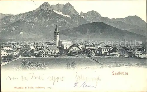 Saalfelden Steinerne Meer Ortsansicht mit Kirche Alpenpanorama Bahnpost Kat. Saalfelden am Steinernen Meer