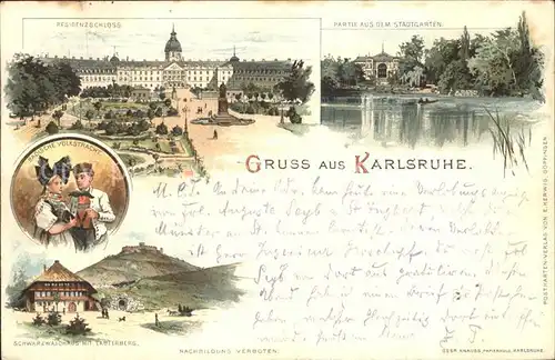 Karlsruhe Residenzschloss Partie im Stadtgarten Badische Volkstracht Schwarzwaldhaus Kat. Karlsruhe