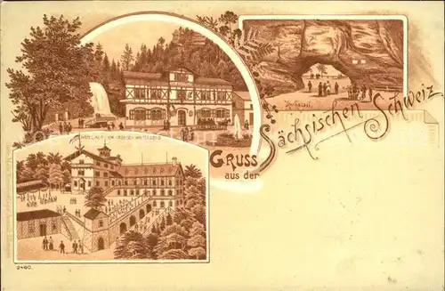 Grosser Winterberg Saechs. Schweiz Hotel Wasserfall Kuhstall Felsentor Elbsandsteingebirge Litho Reichspost Kat. Bad Schandau