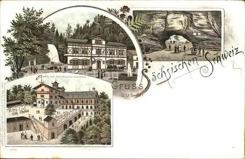 Grosser Winterberg Saechs. Schweiz Gasthaus Hotel Kuhstall Felsentor Elbsandsteingebirge Litho Reichspost Kat. Bad Schandau