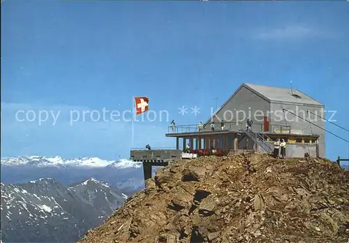 Lenzerheide Valbella Gipfelrestaurant Parpaner Rothorn Fernsicht Flagge Alpenpanorama Kat. Lenzerheide