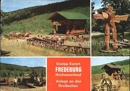Fredeburg Schmallenberg Sauerland Anlage an den Dreibuchen Wegweiser Holzschnitzerei Wasserrad Kneipp Kurort Kat. Schmallenberg