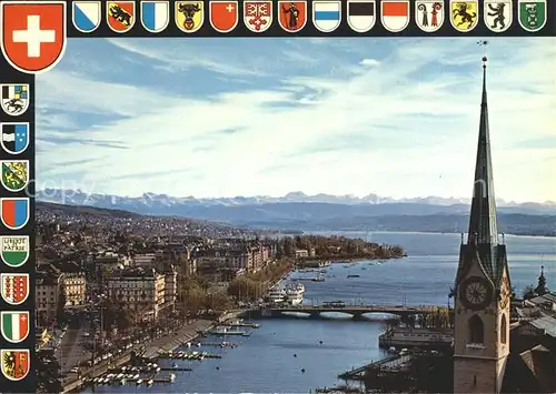 Zuerich Blick vom St Petersturm auf Fraumuenster Bellevue Quaibruecke  See und Alpen / Zuerich /Bz. Zuerich City