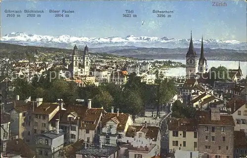 Zuerich Stadtbild mit Grossmuenster Kirche Zuerichsee Alpenpanorama / Zuerich /Bz. Zuerich City