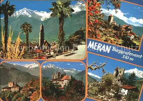 Meran Stadtbild mit Texelgruppe Schloss Tirol Brunnenburg Kat. Merano