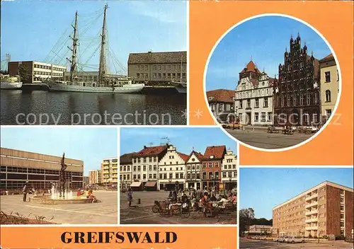 Greifswald Mecklenburg Vorpommern Segelschulschiff Wilhelm Pieck Platz der Freundschaft Plastik Sporthalle HO Hotel Boddenhus Kat. Greifswald
