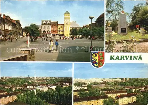 Karvina Teilansichten Siedlung Wohnblocks Platz Turm Gedenkstein