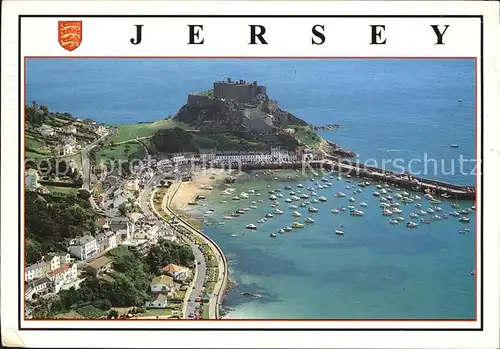 Jersey United Kingdom Aerial view of Mont Orgueil Castle and Gorey Harbour Kat. Grossbritannien