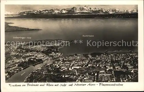 Konstanz Bodensee Rhein mit Sicht auf Schweizer Alpen Flugbild Kat. Konstanz