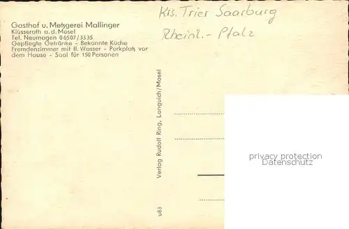 Saarburg Saar Gasthof Metzgerei Mallinger  Kat. Saarburg