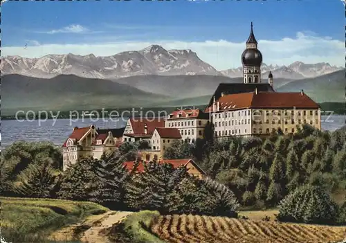 Kloster Andechs mit Ammersee und Zugspitze Kat. Andechs