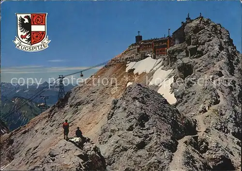 Zugspitze mit Muenchnerhaus Fernsicht zu Allgaeuer Alpen Wappen Kat. Garmisch Partenkirchen