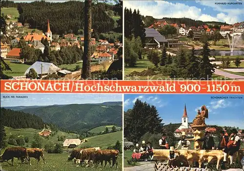 Schonach Schwarzwald Gesamtansicht Kuhweide Kurhaus und Kurgarten Trachtentraeger Kat. Schonach im Schwarzwald
