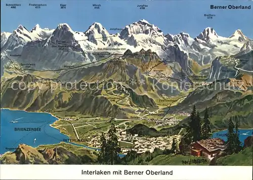 Interlaken BE Panoramkarte mit Brienzersee Thunersee und Berner Oberland Kat. Interlaken