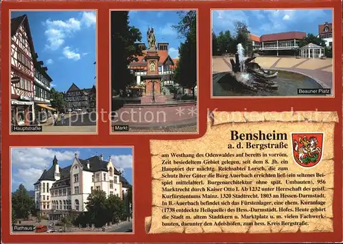 Bensheim Bergstrasse Hauptstrasse Fachwerkhaus Markt Beauner Platz Rathaus Geschichte Wappen Kat. Bensheim