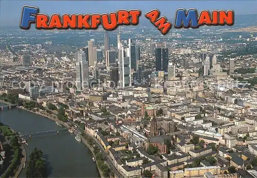 Frankfurt Main Blick ueber Main Eiserner Steg auf die Skyline im Vordergrund Dom Fliegeaufnahme Kat. Frankfurt am Main