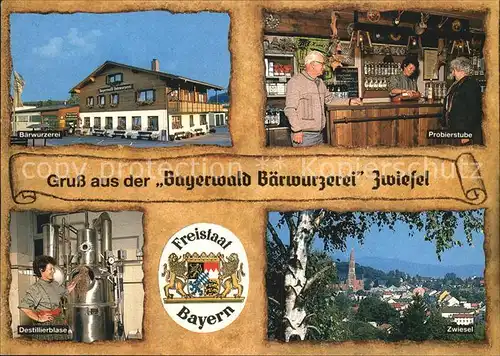 Zwiesel Niederbayern Bayerwald Baerwurzerei Zwiesel Probierstube Destillierblase Stadtblick Kat. Zwiesel
