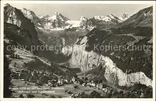 Wengen BE Fliegeraufnahme mit Grosshorn Breithorn Tschingel und Gspaltenhorn Kat. Wengen