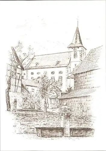 Bad Koenig Odenwald Der alten Brunnen mit Kirche Zeichnung Kat. Bad Koenig