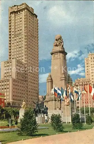 Madrid Spain Monumento a Cervantes y Torre de Madrid Denkmal Fahnen Kat. Madrid