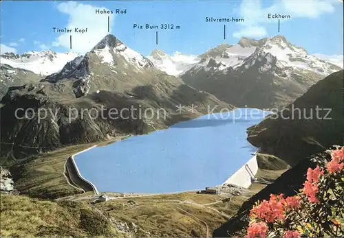 Silvrettasee Panorama mit Hotel Silvrettasee und Alpengasthof Piz Buin Kat. Silvretta