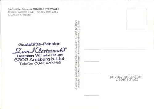 Arnsburg Hessen Gaststaette Pension Zum Klosterwald Kat. Lich