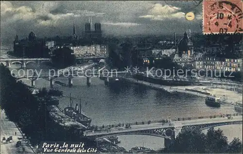 Paris la nuit vue generale de la Cite clair de lune ponts sur la Seine Kat. Paris