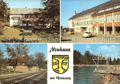 Neuhaus Rennweg Rathaus Kreisratsgebaeude Rennsteigbaude Waldbad Wappen Kat. Neuhaus Rennweg