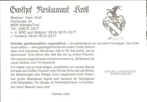 Waengle Gasthof Restaurant Kroell Kat. Waengle