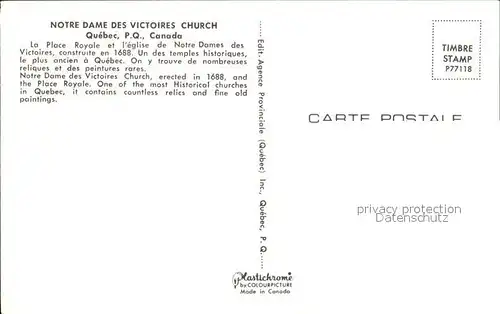 Quebec Notre Dame Victoires Church Kat. Quebec