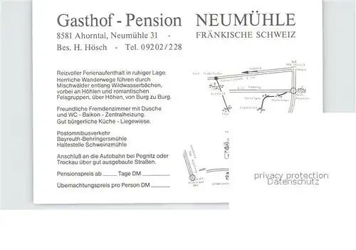 Ahorntal Gasthof Pension Neumuehle Fraenkische Schweiz Kat. Ahorntal