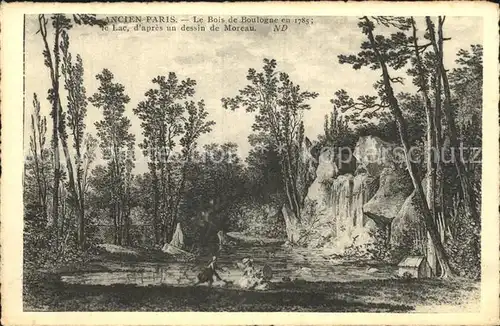Ancien Paris Le Bois de Boulogne en 1785 Le Lac d apres un dessin de Moreau Kuenstlerkarte Kat. Paris