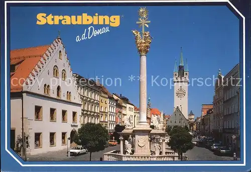 Straubing Donau Dreifalitgkeitssaeule mit Stadtturm