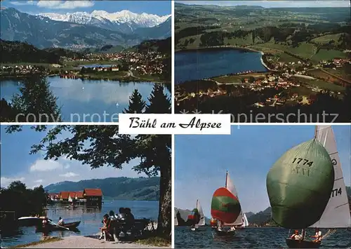 Buehl Alpsee Panorama Seepartie Bootshaeuser Segelboote Kat. Immenstadt i.Allgaeu